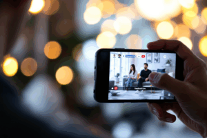 A broadcaster interacting with viewers during a Facebook Live session on a smartphone, using live reactions, reading real-time comments, and responding directly.