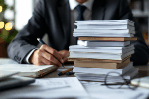 A business professional sitting at a desk with a stack of well-structured business reports, books, and articles spread out