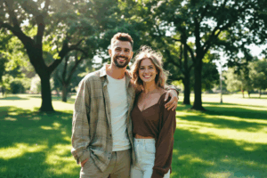 two people standing side by side