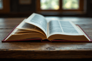 An open book on a wooden desk