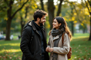 a conversation between two people in a park