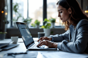 A business professional working on a laptop in a well-lit office, using grammar checking software to proofread a document