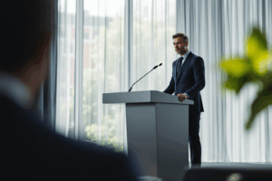 A CFO standing at a sleek podium in a modern conference room