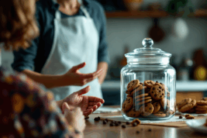 A kitchen scene with a person talking to another about how many cookies are in the jar