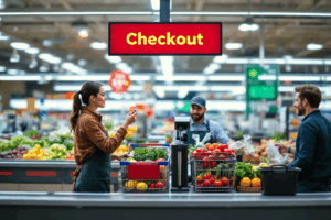a supermarket checkout sign reading '10 items or fewer'