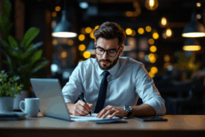 A professional businessperson sitting at a desk, writing an email to a client