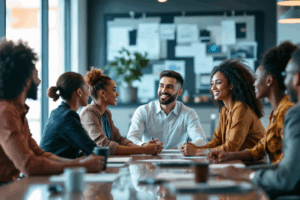 A diverse team of professionals sitting in a modern conference room, engaging in a peer review session.
