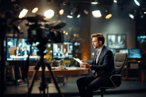 A newsroom setting with a journalist reading a report