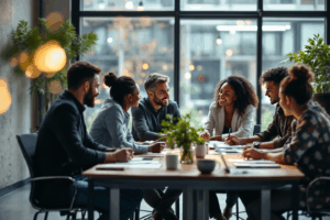 A group of coworkers gathered around a conference table, discussing a project