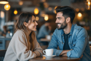 a conversation between two people in a casual setting, perhaps at a coffee shop