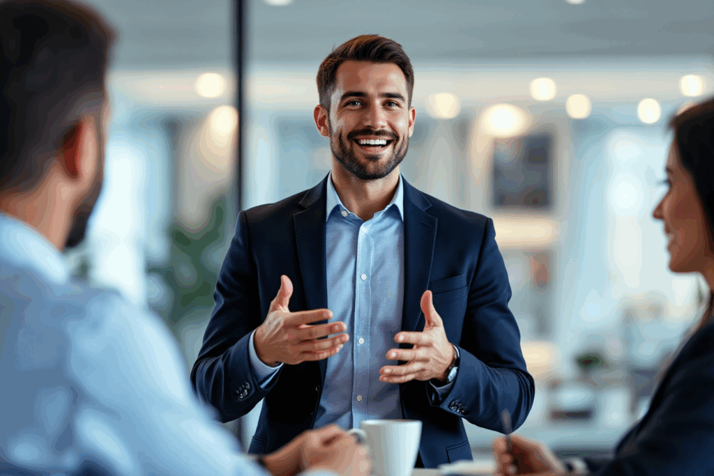 A confident professional delivering a clear and engaging business pitch to a group of investors in a modern conference room