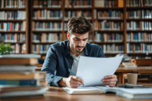 a student in a university library, surrounded by academic books and papers, working on a research paper.