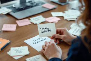 A person studying grammar at their desk, surrounded by flashcards with tricky grammar rules written on them