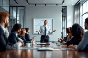 A company executive addressing a group of investors in a sleek conference room