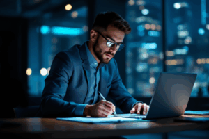 A business professional sitting at a desk, focused on writing a report on a laptop