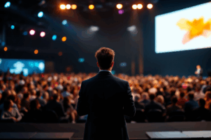 A project manager standing in front of a large audience at a product launch event