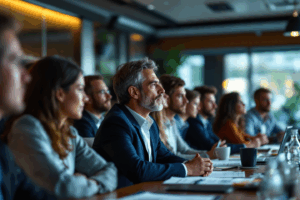 A group of business professionals gathered in a conference room, actively engaged in a presentation.