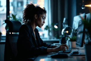 a woman sitting at a desk, checking her email inbox