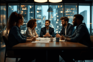A corporate team in a sleek meeting room discussing expansion plans