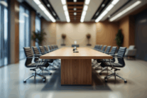 an office meeting room with a long conference table and only a few chairs set up around it