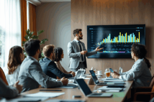 a corporate meeting room, a manager presents the company’s quarterly performance