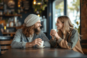 a casual conversation between two friends in a coffee shop