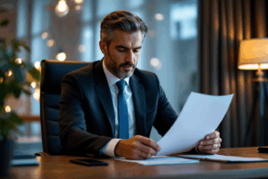 A business professional sitting at a desk, reviewing a written report