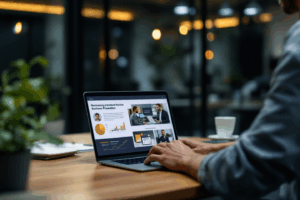 A professional sitting at a desk in a modern office, reviewing a completed business presentation on their laptop