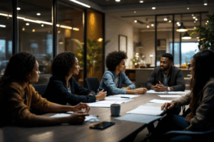 A diverse group of colleagues seated around a sleek conference table, discussing a new project
