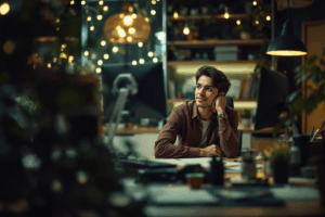A person in a cozy office space