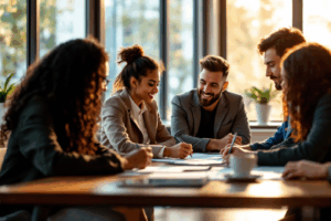 A group of colleagues gathered in a bright conference room, exchanging feedback on a written report