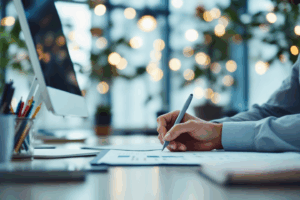 a professional office setting where an employee is drafting an email or report