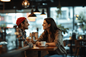 a casual conversation between two friends in a coffee shop