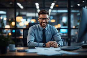 A professional in a modern office, sitting at a desk