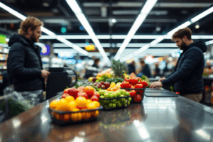 a modern grocery store checkout line
