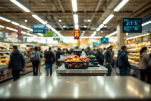 a busy supermarket with a clear view of the express checkout lane