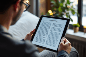 A professional reading a well-written business article on a tablet in a cozy office corner.
