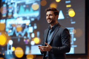 A business professional standing in front of a presentation screen, confidently introducing the topic to the audience