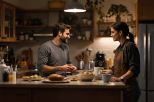 A cozy kitchen scene with two people chatting