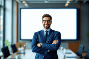A confident business professional standing in front of a large screen in a modern conference room