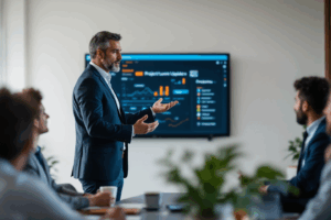 A business leader presenting a project update to the team