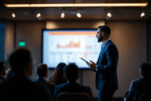 A business professional standing before an audience, reading from a presentation screen