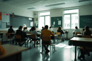 a classroom with only a handful of students sitting at desks
