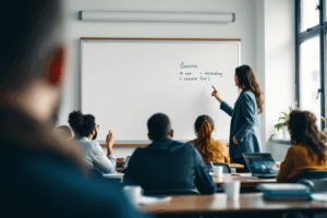 A classroom scene where a teacher points to a whiteboard