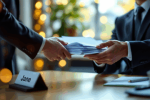 A person handing over documents to another person and Jane