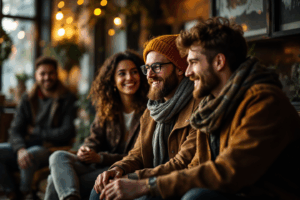 A group of friends sitting together, discussing plans for a trip