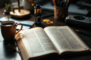 a professional workspace with an open grammar book