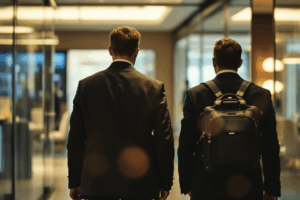 two people, John and another person, walking into a conference room