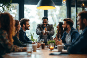 A group of people inviting someone to join their team in a friendly setting