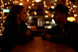Two people quietly discussing something with a sense of secrecy